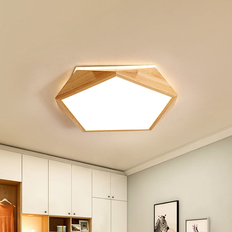 Modernist Pentagon Ceiling Flush Wood 16.5"/20.5" Wide LED Bedroom Flush Mount Lamp in Beige, Warm/White Light Clearhalo 'Ceiling Lights' 'Close To Ceiling Lights' 'Close to ceiling' 'Flush mount' Lighting' 1866911