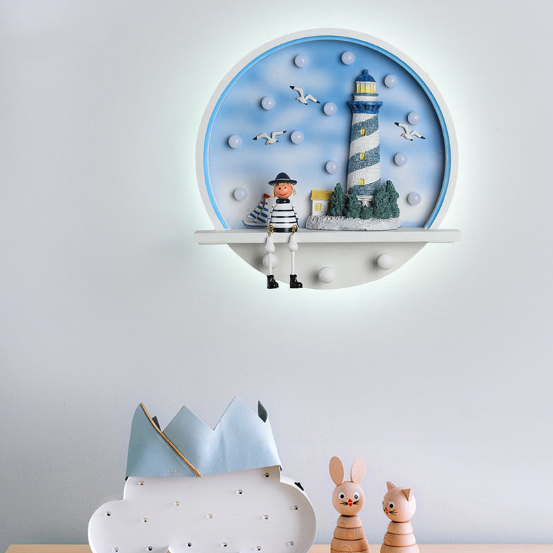 Circle Surface Wall Sconce Coastal Wood LED Blue Wall Lamp Fixture with Seagull and Lighthouse Deco in Warm/White Light Blue Clearhalo 'Wall Lamps & Sconces' 'Wall Lights' Lighting' 1866922