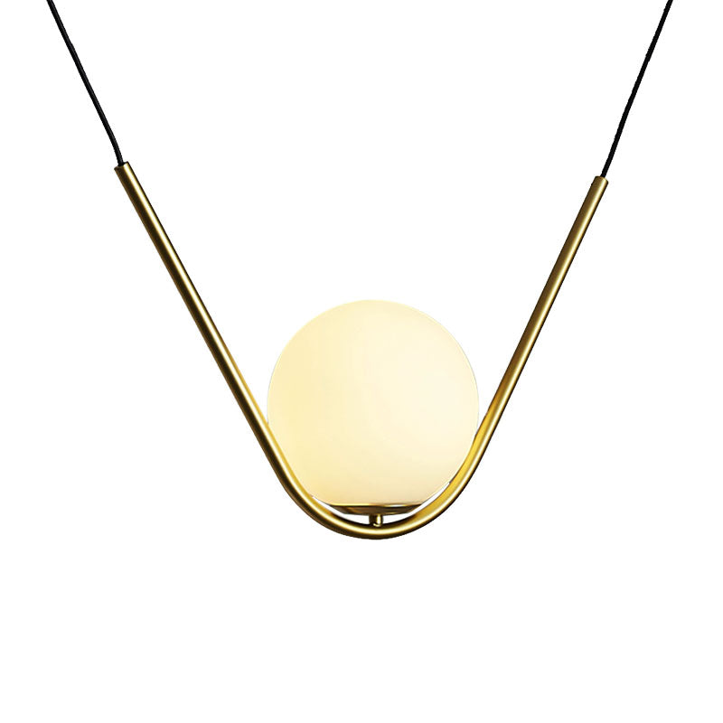 Gold Ball Pendant Light Post Modern Led White Glass Hanging Lamp with V Shape Rod for Dining Room Clearhalo 'Ceiling Lights' 'Glass shade' 'Glass' 'Modern Pendants' 'Modern' 'Pendant Lights' 'Pendants' Lighting' 186697