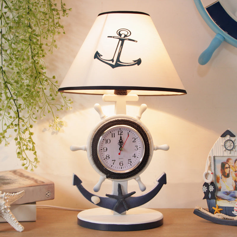 Rudder Base Table Lighting Children Style Resin Single Bulb Blue Shaded Night Stand Lamp with Clock Design Blue C Clearhalo 'Lamps' 'Table Lamps' Lighting' 1867032