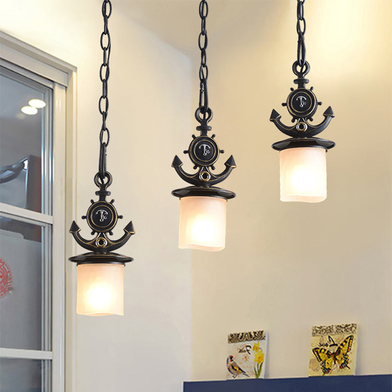 Dimpled Glass Cylindrical Multi Pendant Modern 3 Heads Down Lighting with Anchor Chain in Black/Blue, Linear/Round Canopy Clearhalo 'Ceiling Lights' 'Close To Ceiling Lights' 'Glass shade' 'Glass' 'Pendant Lights' 'Pendants' Lighting' 1867062