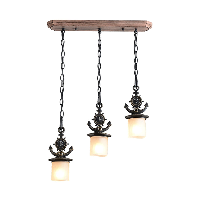 Dimpled Glass Cylindrical Multi Pendant Modern 3 Heads Down Lighting with Anchor Chain in Black/Blue, Linear/Round Canopy Clearhalo 'Ceiling Lights' 'Close To Ceiling Lights' 'Glass shade' 'Glass' 'Pendant Lights' 'Pendants' Lighting' 1867063