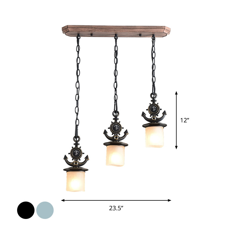 Dimpled Glass Cylindrical Multi Pendant Modern 3 Heads Down Lighting with Anchor Chain in Black/Blue, Linear/Round Canopy Clearhalo 'Ceiling Lights' 'Close To Ceiling Lights' 'Glass shade' 'Glass' 'Pendant Lights' 'Pendants' Lighting' 1867064