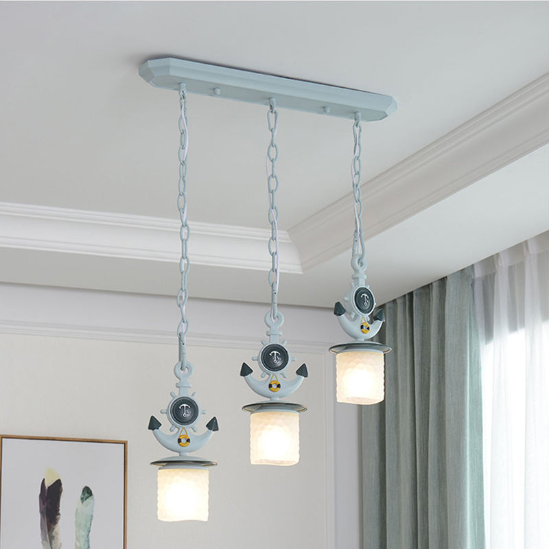 Dimpled Glass Cylindrical Multi Pendant Modern 3 Heads Down Lighting with Anchor Chain in Black/Blue, Linear/Round Canopy Blue Linear Clearhalo 'Ceiling Lights' 'Close To Ceiling Lights' 'Glass shade' 'Glass' 'Pendant Lights' 'Pendants' Lighting' 1867065