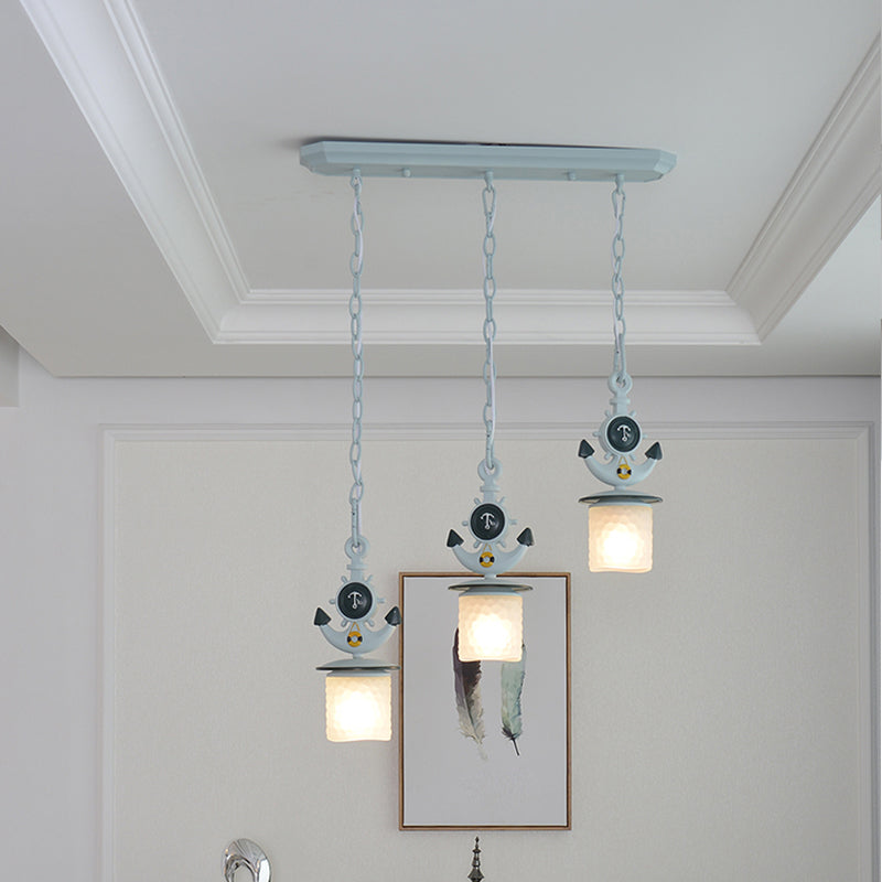 Dimpled Glass Cylindrical Multi Pendant Modern 3 Heads Down Lighting with Anchor Chain in Black/Blue, Linear/Round Canopy Clearhalo 'Ceiling Lights' 'Close To Ceiling Lights' 'Glass shade' 'Glass' 'Pendant Lights' 'Pendants' Lighting' 1867066