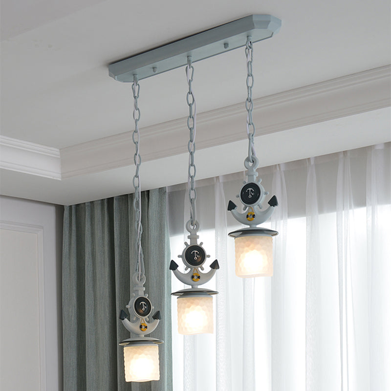 Dimpled Glass Cylindrical Multi Pendant Modern 3 Heads Down Lighting with Anchor Chain in Black/Blue, Linear/Round Canopy Clearhalo 'Ceiling Lights' 'Close To Ceiling Lights' 'Glass shade' 'Glass' 'Pendant Lights' 'Pendants' Lighting' 1867067