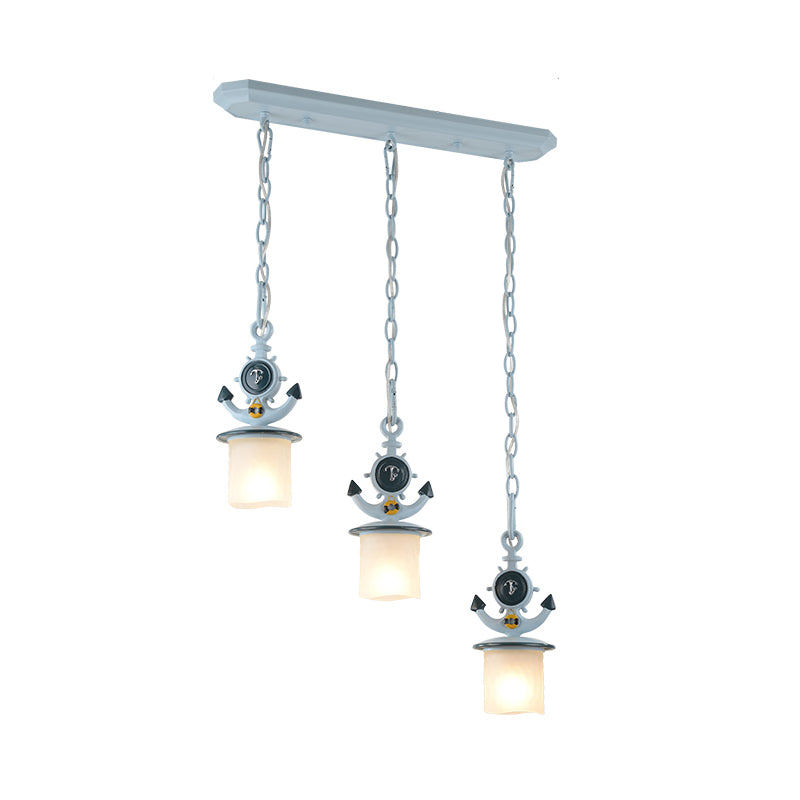 Dimpled Glass Cylindrical Multi Pendant Modern 3 Heads Down Lighting with Anchor Chain in Black/Blue, Linear/Round Canopy Clearhalo 'Ceiling Lights' 'Close To Ceiling Lights' 'Glass shade' 'Glass' 'Pendant Lights' 'Pendants' Lighting' 1867068