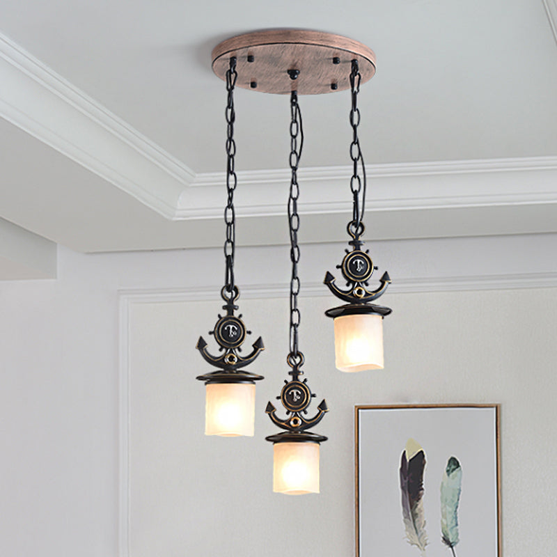 Dimpled Glass Cylindrical Multi Pendant Modern 3 Heads Down Lighting with Anchor Chain in Black/Blue, Linear/Round Canopy Black Round Clearhalo 'Ceiling Lights' 'Close To Ceiling Lights' 'Glass shade' 'Glass' 'Pendant Lights' 'Pendants' Lighting' 1867069