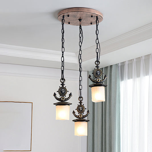 Dimpled Glass Cylindrical Multi Pendant Modern 3 Heads Down Lighting with Anchor Chain in Black/Blue, Linear/Round Canopy Clearhalo 'Ceiling Lights' 'Close To Ceiling Lights' 'Glass shade' 'Glass' 'Pendant Lights' 'Pendants' Lighting' 1867070