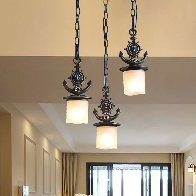 Dimpled Glass Cylindrical Multi Pendant Modern 3 Heads Down Lighting with Anchor Chain in Black/Blue, Linear/Round Canopy Clearhalo 'Ceiling Lights' 'Close To Ceiling Lights' 'Glass shade' 'Glass' 'Pendant Lights' 'Pendants' Lighting' 1867071