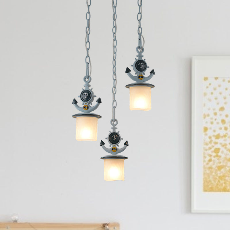 Dimpled Glass Cylindrical Multi Pendant Modern 3 Heads Down Lighting with Anchor Chain in Black/Blue, Linear/Round Canopy Clearhalo 'Ceiling Lights' 'Close To Ceiling Lights' 'Glass shade' 'Glass' 'Pendant Lights' 'Pendants' Lighting' 1867075