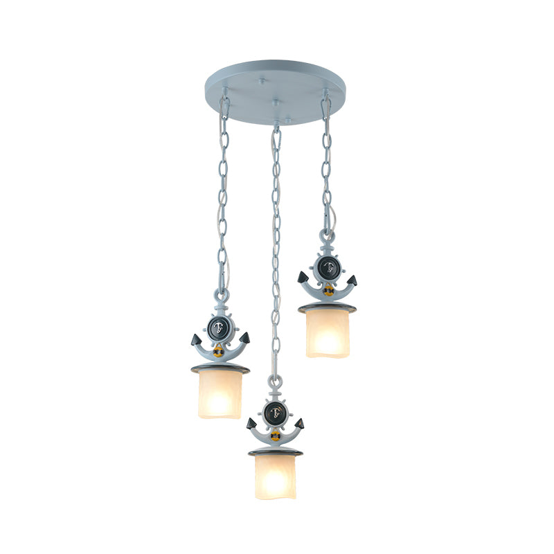 Dimpled Glass Cylindrical Multi Pendant Modern 3 Heads Down Lighting with Anchor Chain in Black/Blue, Linear/Round Canopy Clearhalo 'Ceiling Lights' 'Close To Ceiling Lights' 'Glass shade' 'Glass' 'Pendant Lights' 'Pendants' Lighting' 1867076