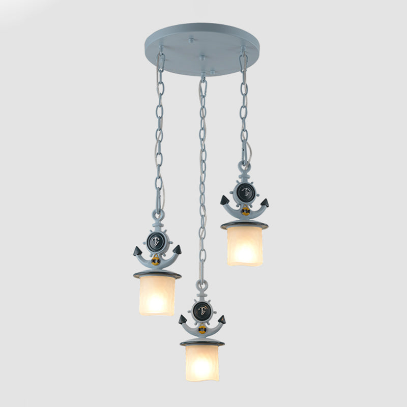 Dimpled Glass Cylindrical Multi Pendant Modern 3 Heads Down Lighting with Anchor Chain in Black/Blue, Linear/Round Canopy Clearhalo 'Ceiling Lights' 'Close To Ceiling Lights' 'Glass shade' 'Glass' 'Pendant Lights' 'Pendants' Lighting' 1867077
