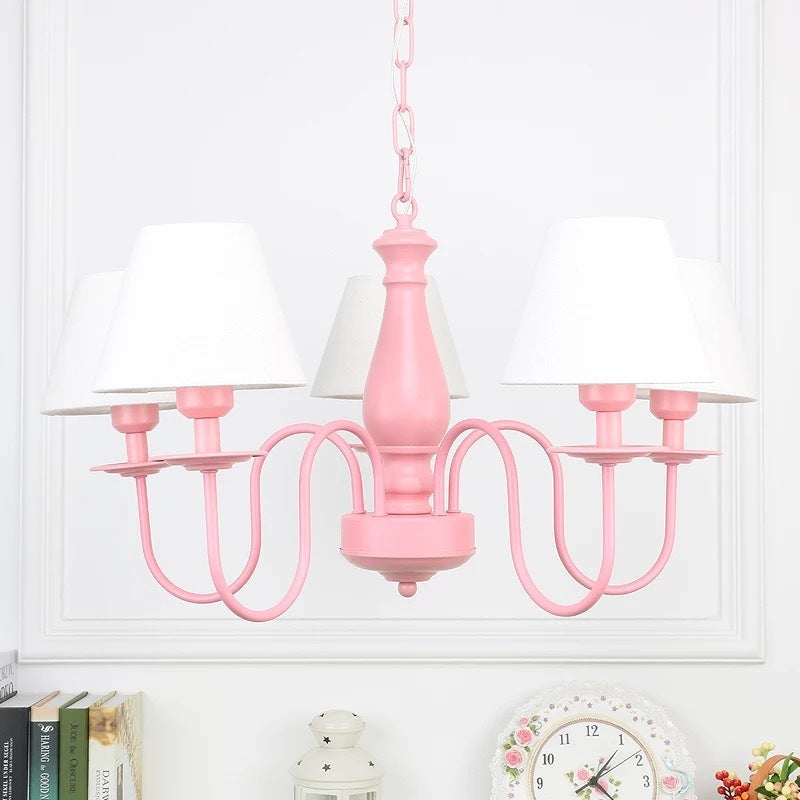 Hotel Restaurant Tapered Shade Chandelier Metal 6 Lights Nordic Style Pink & White Suspension Light Clearhalo 'Ceiling Lights' 'Chandeliers' Lighting' options 186708