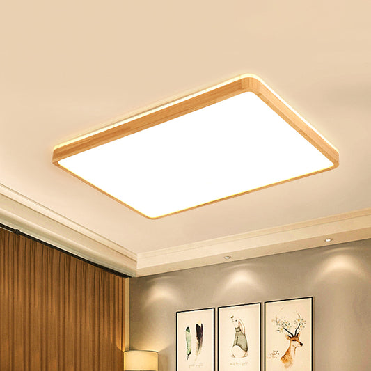 Minimalism Square/Oblong Ceiling Lamp Wood Drawing Room LED Flushmount Lighting in Beige, 17"/21"/25.5" Length Beige 25.5" Clearhalo 'Ceiling Lights' 'Close To Ceiling Lights' 'Close to ceiling' 'Flush mount' Lighting' 1867083