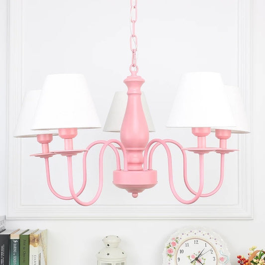 Hotel Restaurant Tapered Shade Chandelier Metal 6 Lights Nordic Style Pink & White Suspension Light Clearhalo 'Ceiling Lights' 'Chandeliers' Lighting' options 186708
