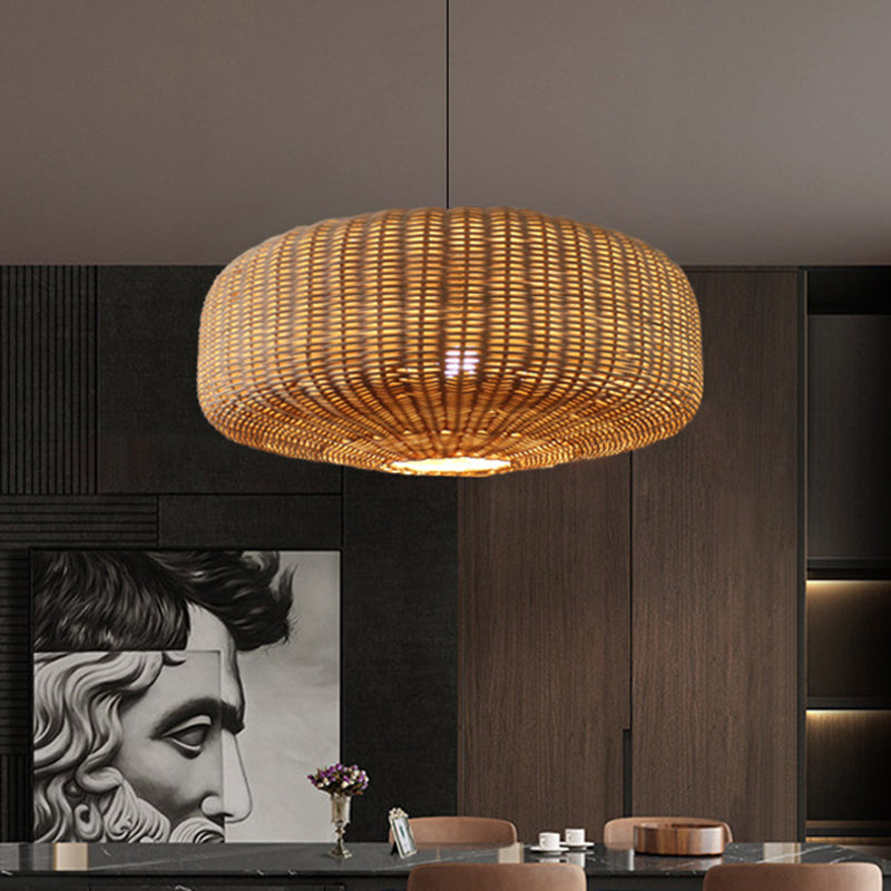 Asian 1 Bulb Hanging Light Kit Beige Woven Round Cage Suspension Lamp with Rattan Shade Beige Clearhalo 'Ceiling Lights' 'Pendant Lights' 'Pendants' Lighting' 1867135_75f1e217-d538-42f1-900a-1021767b8825