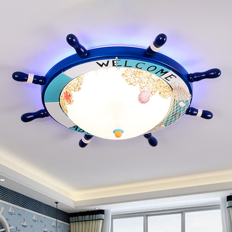 Frosted Glass Dome Flush Mount Lamp Nordic Light/Dark Blue LED Ceiling Lighting with Rudder Design Dark Blue Clearhalo 'Ceiling Lights' 'Close To Ceiling Lights' 'Close to ceiling' 'Flush mount' Lighting' 1867221