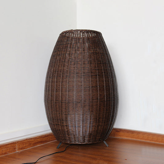 Woven Oval Floor Standing Light Asian Rattan Beige/Brown Floor Lamp with Inner Spherical Acrylic Shade Brown Clearhalo 'Floor Lamps' 'Lamps' Lighting' 1867297