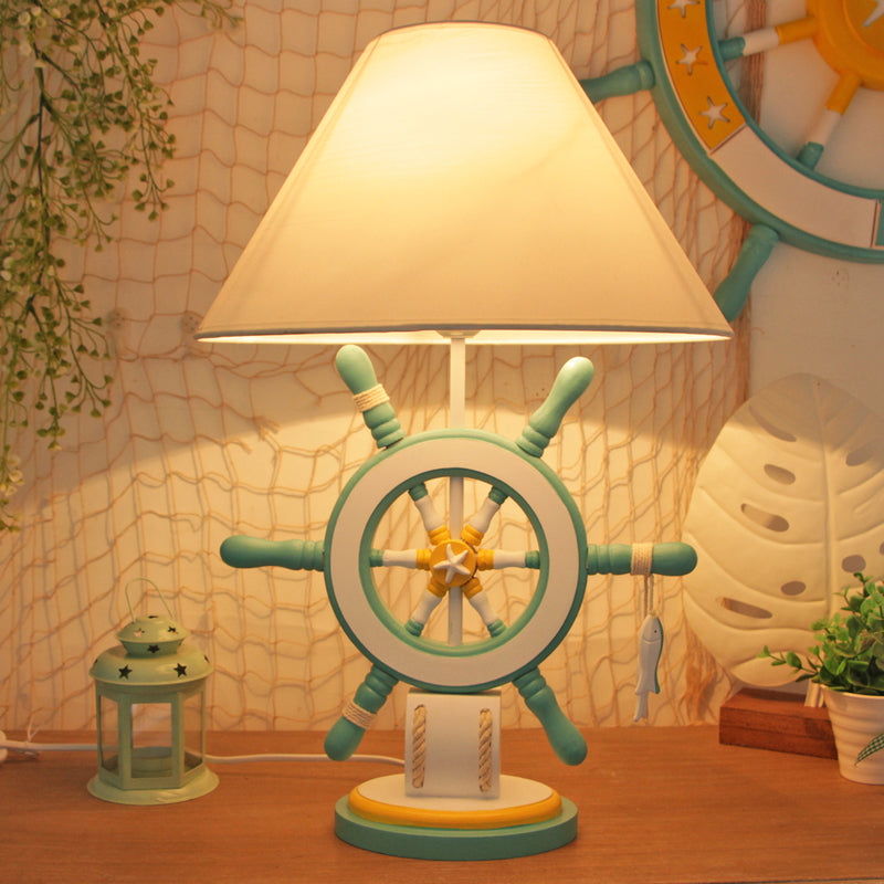 Rudder Resin Task Light Children Single Head Pink/Green Desk Lamp with Barrel White Fabric Shade Green Clearhalo 'Lamps' 'Table Lamps' Lighting' 1867415