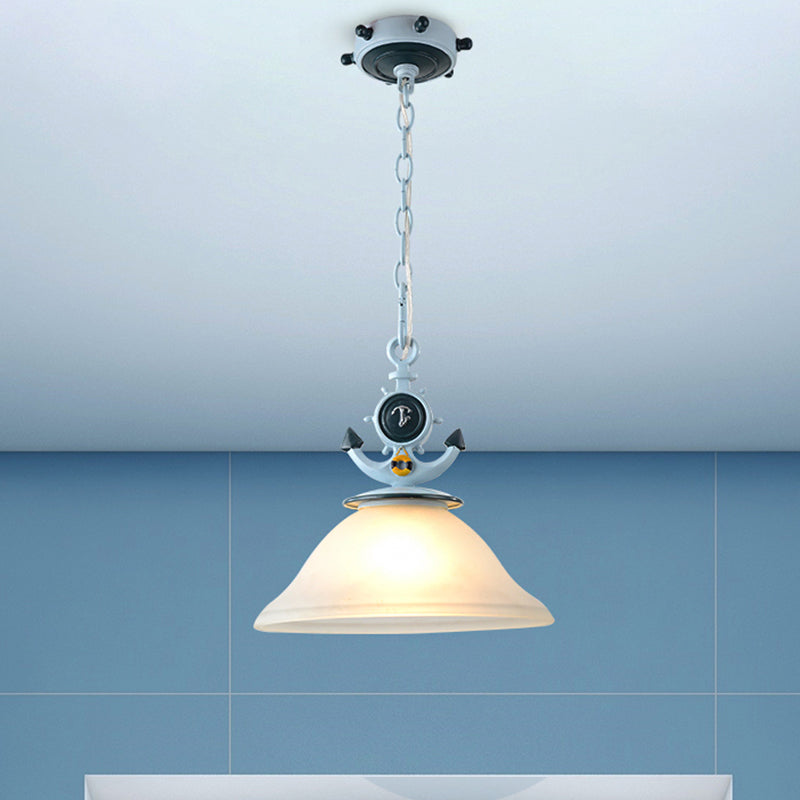 Coastal Column/Flared Pendant Light Frosted Glass 5"/13" W 1 Bulb Bedside Ceiling Lamp with Anchor Design in Blue Blue 13" Clearhalo 'Ceiling Lights' 'Glass shade' 'Glass' 'Pendant Lights' 'Pendants' Lighting' 1867447