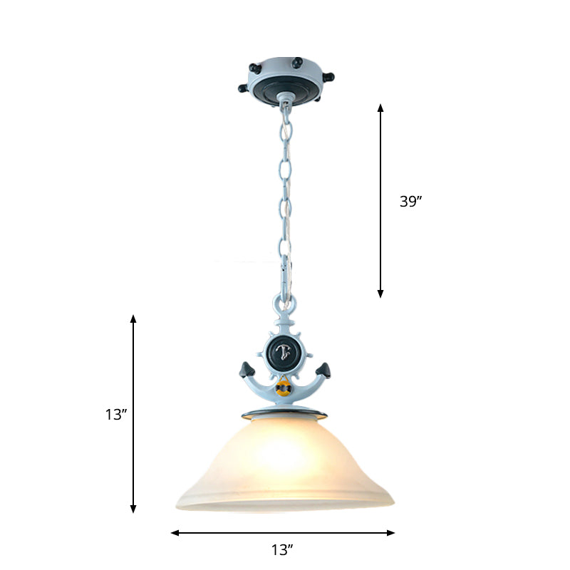 Coastal Column/Flared Pendant Light Frosted Glass 5"/13" W 1 Bulb Bedside Ceiling Lamp with Anchor Design in Blue Clearhalo 'Ceiling Lights' 'Glass shade' 'Glass' 'Pendant Lights' 'Pendants' Lighting' 1867450