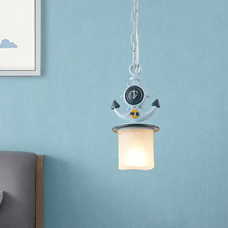 Coastal Column/Flared Pendant Light Frosted Glass 5"/13" W 1 Bulb Bedside Ceiling Lamp with Anchor Design in Blue Clearhalo 'Ceiling Lights' 'Glass shade' 'Glass' 'Pendant Lights' 'Pendants' Lighting' 1867452