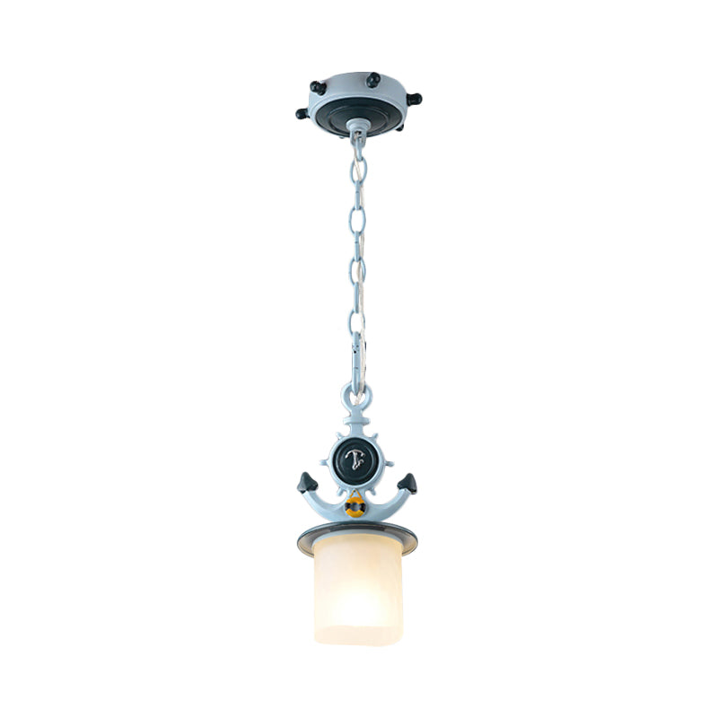Coastal Column/Flared Pendant Light Frosted Glass 5"/13" W 1 Bulb Bedside Ceiling Lamp with Anchor Design in Blue Clearhalo 'Ceiling Lights' 'Glass shade' 'Glass' 'Pendant Lights' 'Pendants' Lighting' 1867453