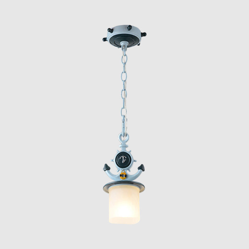 Coastal Column/Flared Pendant Light Frosted Glass 5"/13" W 1 Bulb Bedside Ceiling Lamp with Anchor Design in Blue Clearhalo 'Ceiling Lights' 'Glass shade' 'Glass' 'Pendant Lights' 'Pendants' Lighting' 1867454