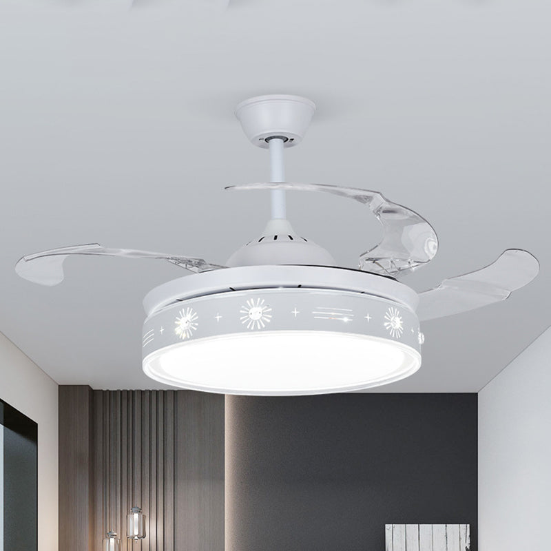 42" Wide Modern LED Semi Flush Light White Drum Hanging Fan Lighting with Metallic Shade, 3 Blades Clearhalo 'Ceiling Fans with Lights' 'Ceiling Fans' 'Modern Ceiling Fans' 'Modern' Lighting' 1867461