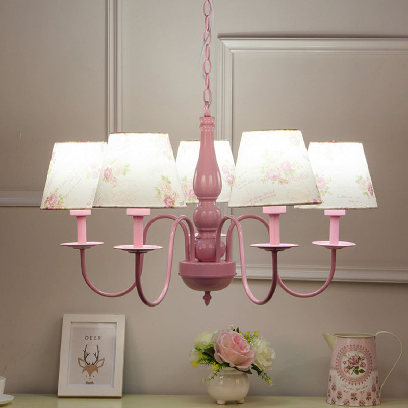5 Bulbs Blossom Hanging Lamp with Fabric Shade Kids Metal Chandelier in Pink for Kindergarten Pink Clearhalo 'Ceiling Lights' 'Chandeliers' Lighting' options 186750_0db521f5-81d9-453b-9293-48ae151e7e3f
