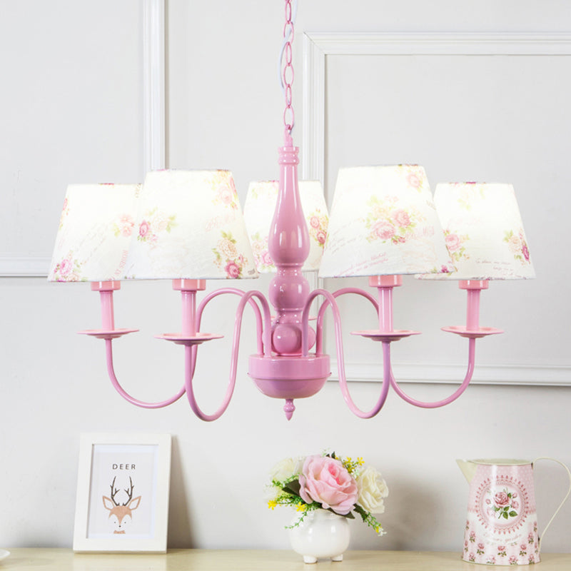 5 Bulbs Blossom Hanging Lamp with Fabric Shade Kids Metal Chandelier in Pink for Kindergarten Clearhalo 'Ceiling Lights' 'Chandeliers' Lighting' options 186751