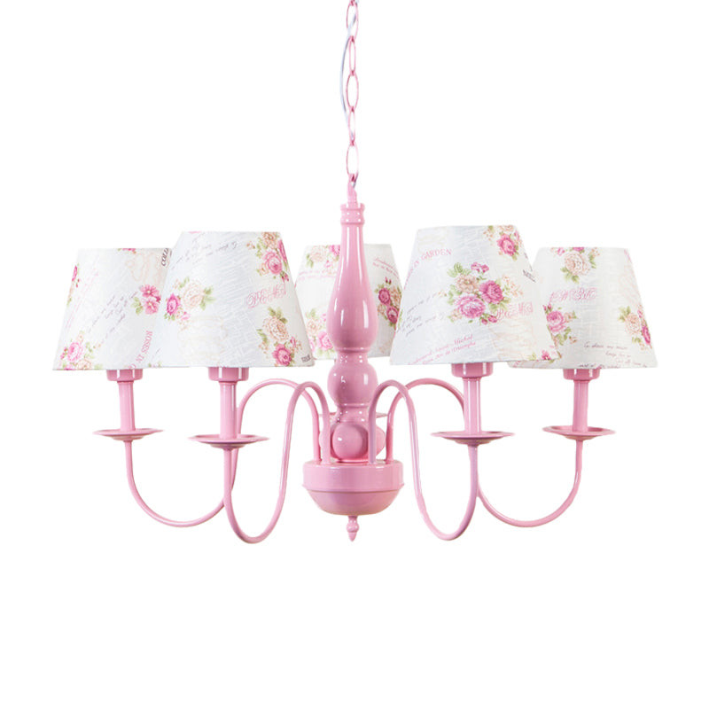 5 Bulbs Blossom Hanging Lamp with Fabric Shade Kids Metal Chandelier in Pink for Kindergarten Clearhalo 'Ceiling Lights' 'Chandeliers' Lighting' options 186752
