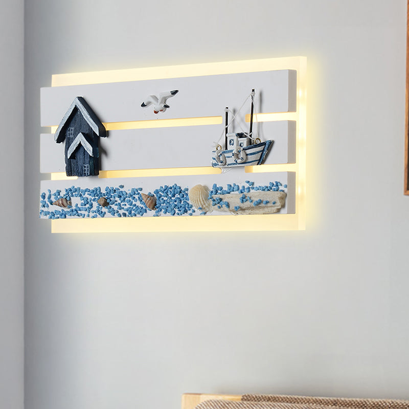 Acrylic Oblong Flush Wall Sconce Cartoon LED Wall Mounted Light with Wood Seagull and Sailboat Design Blue Clearhalo 'Wall Lamps & Sconces' 'Wall Lights' Lighting' 1867613