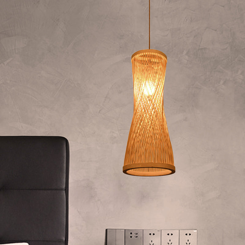 Hourglass Bamboo Suspension Pendant Loft Style 1 Light 6"/6.5" Wide Beige Down Lighting for Restaurant Clearhalo 'Ceiling Lights' 'Pendant Lights' 'Pendants' Lighting' 1867617