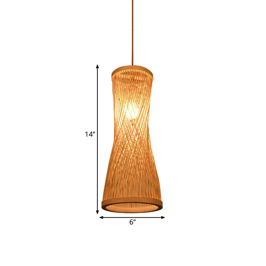 Hourglass Bamboo Suspension Pendant Loft Style 1 Light 6"/6.5" Wide Beige Down Lighting for Restaurant Clearhalo 'Ceiling Lights' 'Pendant Lights' 'Pendants' Lighting' 1867620