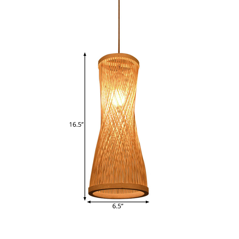 Hourglass Bamboo Suspension Pendant Loft Style 1 Light 6"/6.5" Wide Beige Down Lighting for Restaurant Clearhalo 'Ceiling Lights' 'Pendant Lights' 'Pendants' Lighting' 1867621