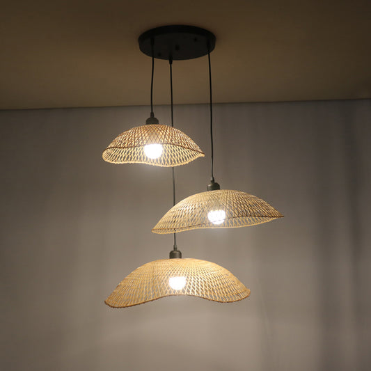 Beige Wavy Dome Cluster Pendant Lamp Loft 3 Bulbs Bamboo Suspension Light for Dining Room Clearhalo 'Ceiling Lights' 'Pendant Lights' 'Pendants' Lighting' 1867622