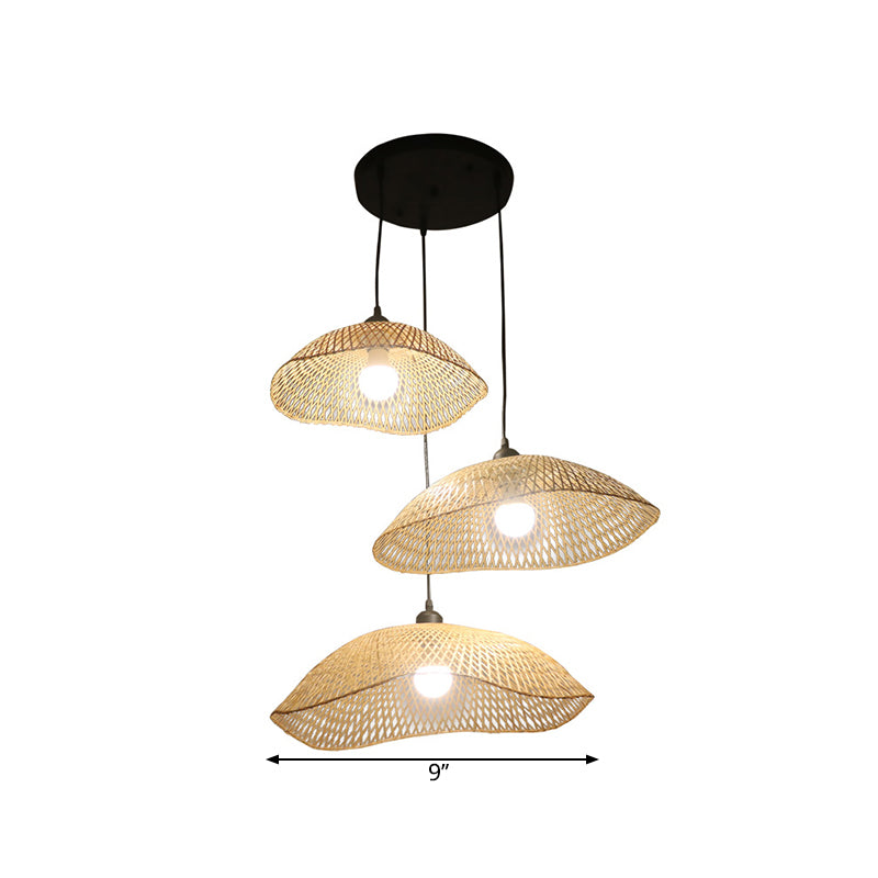 Beige Wavy Dome Cluster Pendant Lamp Loft 3 Bulbs Bamboo Suspension Light for Dining Room Clearhalo 'Ceiling Lights' 'Pendant Lights' 'Pendants' Lighting' 1867625