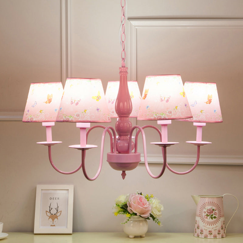 Pink Butterfly Pendant Light 5 Heads Contemporary Metal Chandelier with Fabric Shade for Girls Bedroom Pink Clearhalo 'Ceiling Lights' 'Chandeliers' Lighting' options 186762_7381814f-2c8b-488e-89cb-634fa42e7811