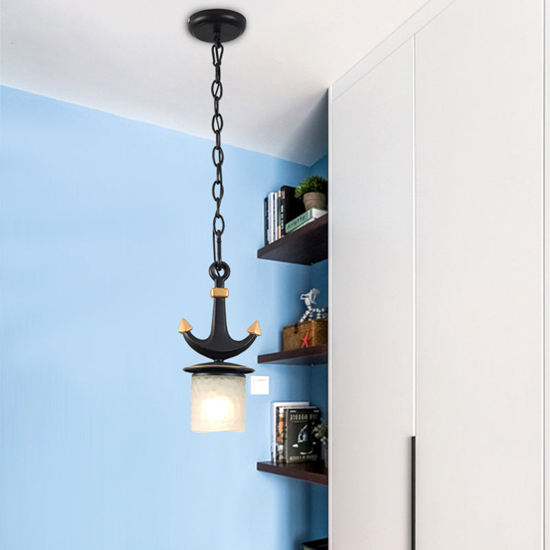 Cylinder/Flared Down Lighting Simple Dimpled Glass 1-Light 6"/13" W Nursery Hanging Lamp in Black/Blue Black 6" Clearhalo 'Ceiling Lights' 'Glass shade' 'Glass' 'Pendant Lights' 'Pendants' Lighting' 1867804