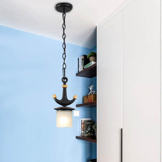 Cylinder/Flared Down Lighting Simple Dimpled Glass 1-Light 6"/13" W Nursery Hanging Lamp in Black/Blue Black 6" Clearhalo 'Ceiling Lights' 'Glass shade' 'Glass' 'Pendant Lights' 'Pendants' Lighting' 1867804