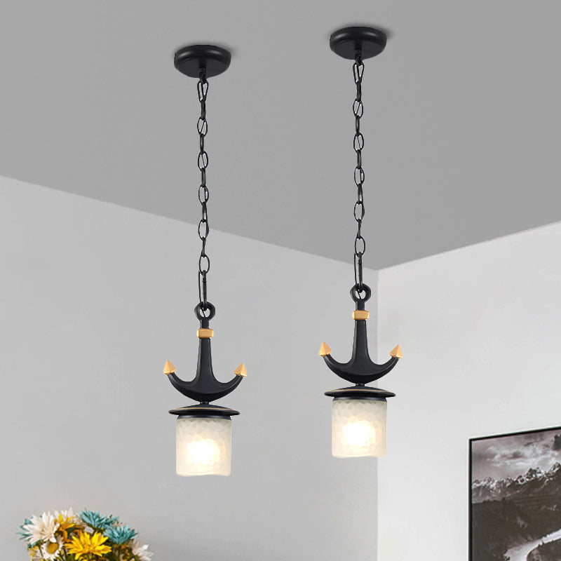 Cylinder/Flared Down Lighting Simple Dimpled Glass 1-Light 6"/13" W Nursery Hanging Lamp in Black/Blue Clearhalo 'Ceiling Lights' 'Glass shade' 'Glass' 'Pendant Lights' 'Pendants' Lighting' 1867805