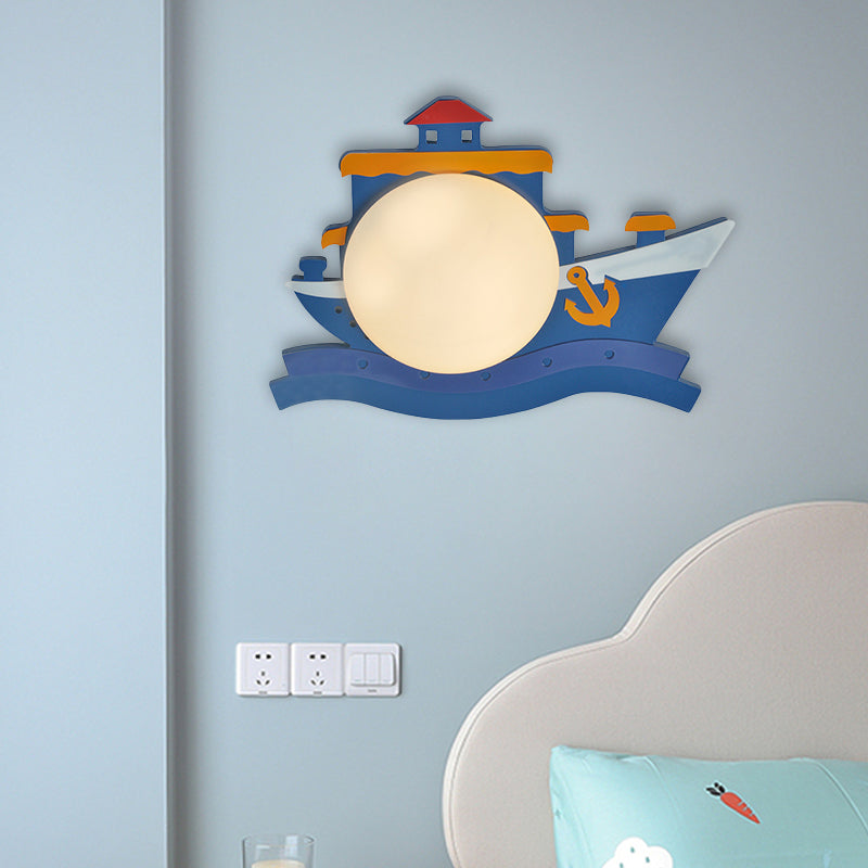 Pirate Ship Wooden Wall Mounted Fixture Kids Pink/Blue LED Wall Sconce Lighting with Round Opal Glass Shade Blue Clearhalo 'Wall Lamps & Sconces' 'Wall Lights' Lighting' 1867905