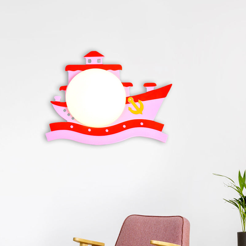 Pirate Ship Wooden Wall Mounted Fixture Kids Pink/Blue LED Wall Sconce Lighting with Round Opal Glass Shade Pink Clearhalo 'Wall Lamps & Sconces' 'Wall Lights' Lighting' 1867909