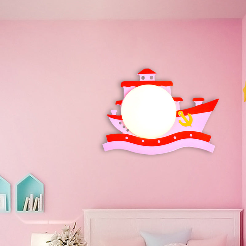 Pirate Ship Wooden Wall Mounted Fixture Kids Pink/Blue LED Wall Sconce Lighting with Round Opal Glass Shade Clearhalo 'Wall Lamps & Sconces' 'Wall Lights' Lighting' 1867910