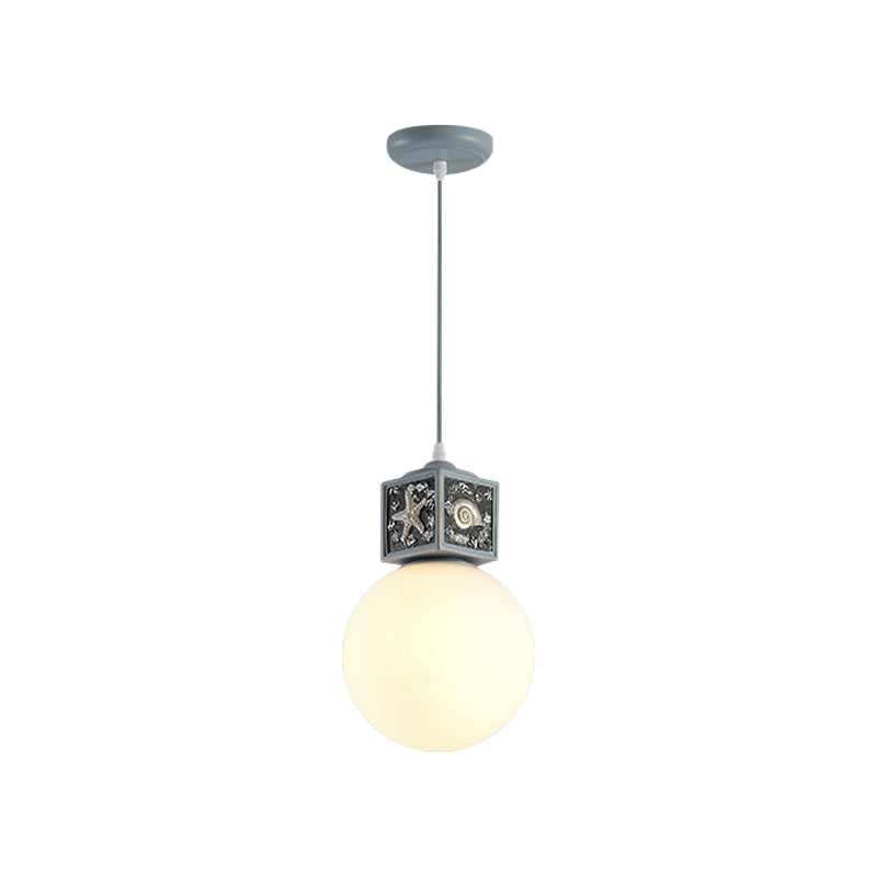 White Glass Ball Hanging Lamp Kit Mediterranean 1 Head Pendant Light Fixture with Conch Cube Deco in Sky/Light Blue Clearhalo 'Ceiling Lights' 'Close To Ceiling Lights' 'Glass shade' 'Glass' 'Pendant Lights' 'Pendants' Lighting' 1867934