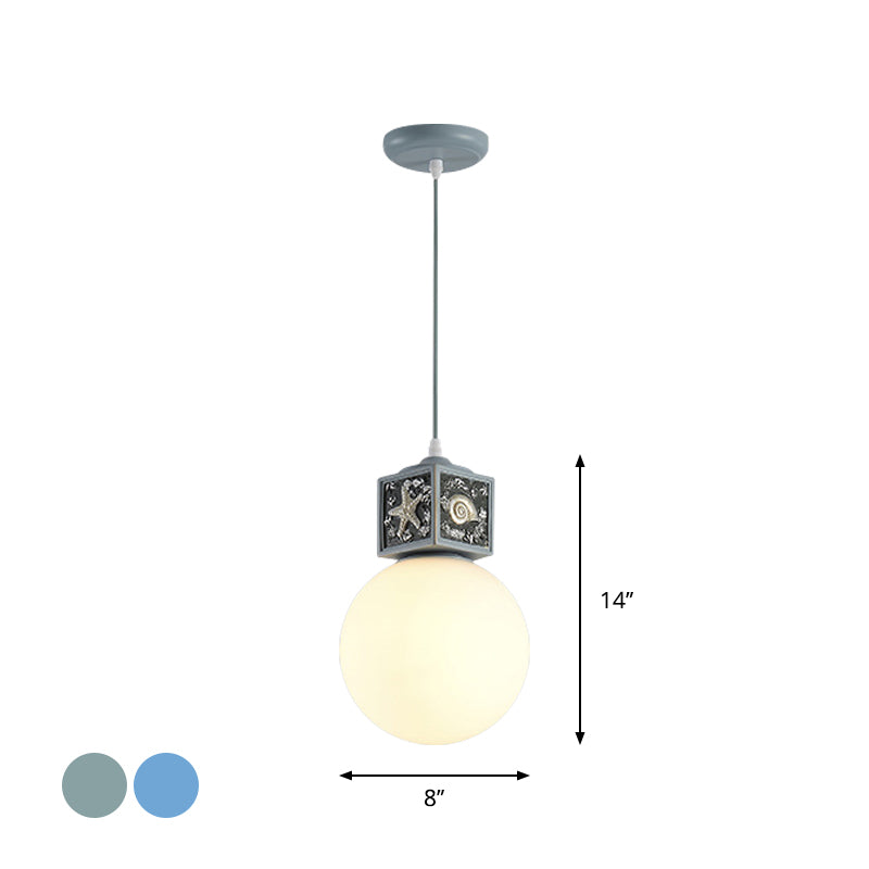 White Glass Ball Hanging Lamp Kit Mediterranean 1 Head Pendant Light Fixture with Conch Cube Deco in Sky/Light Blue Clearhalo 'Ceiling Lights' 'Close To Ceiling Lights' 'Glass shade' 'Glass' 'Pendant Lights' 'Pendants' Lighting' 1867935