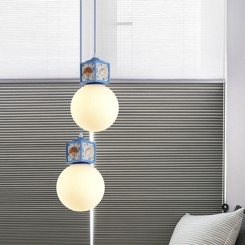 White Glass Ball Hanging Lamp Kit Mediterranean 1 Head Pendant Light Fixture with Conch Cube Deco in Sky/Light Blue Sky Blue Clearhalo 'Ceiling Lights' 'Close To Ceiling Lights' 'Glass shade' 'Glass' 'Pendant Lights' 'Pendants' Lighting' 1867936