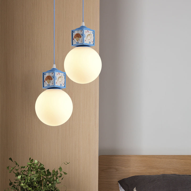 White Glass Ball Hanging Lamp Kit Mediterranean 1 Head Pendant Light Fixture with Conch Cube Deco in Sky/Light Blue Clearhalo 'Ceiling Lights' 'Close To Ceiling Lights' 'Glass shade' 'Glass' 'Pendant Lights' 'Pendants' Lighting' 1867937